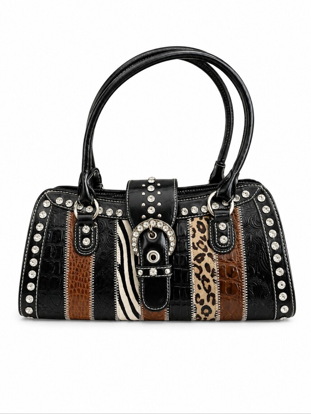 Vintage 1990s Mixed Animal Print Rhinestone Buckle Leather Baguette Satchel Bag